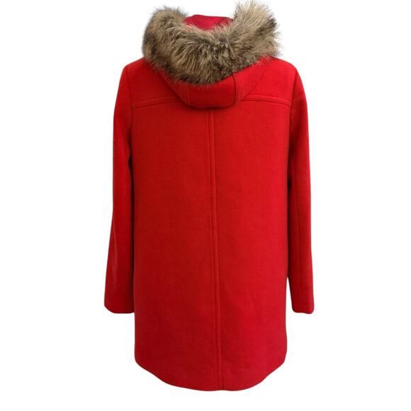 J. Crew Red Wool Blend Long Red Patka Coat Fur Hood Sz 8 Winter Statement chic - Picture 8 of 8